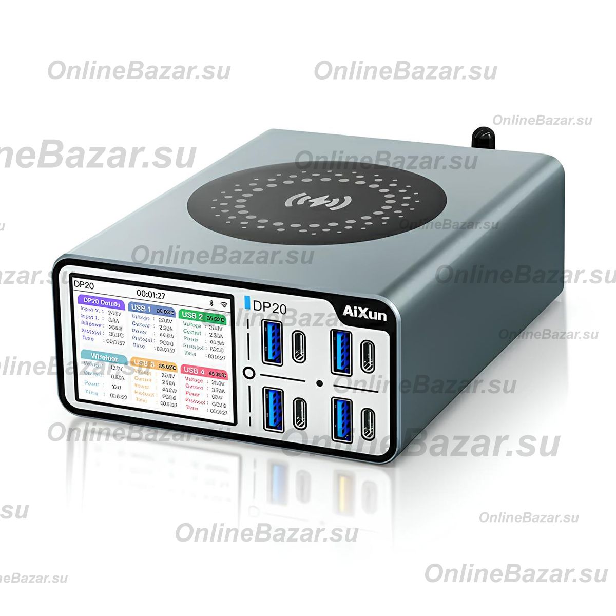 Зарядная станция Aixun DP20 (200W, 8 портов 4USB-QC3.0/4Type-C-PD, Qi 15W, LCD) ― Nsk.OnlineBazar.su