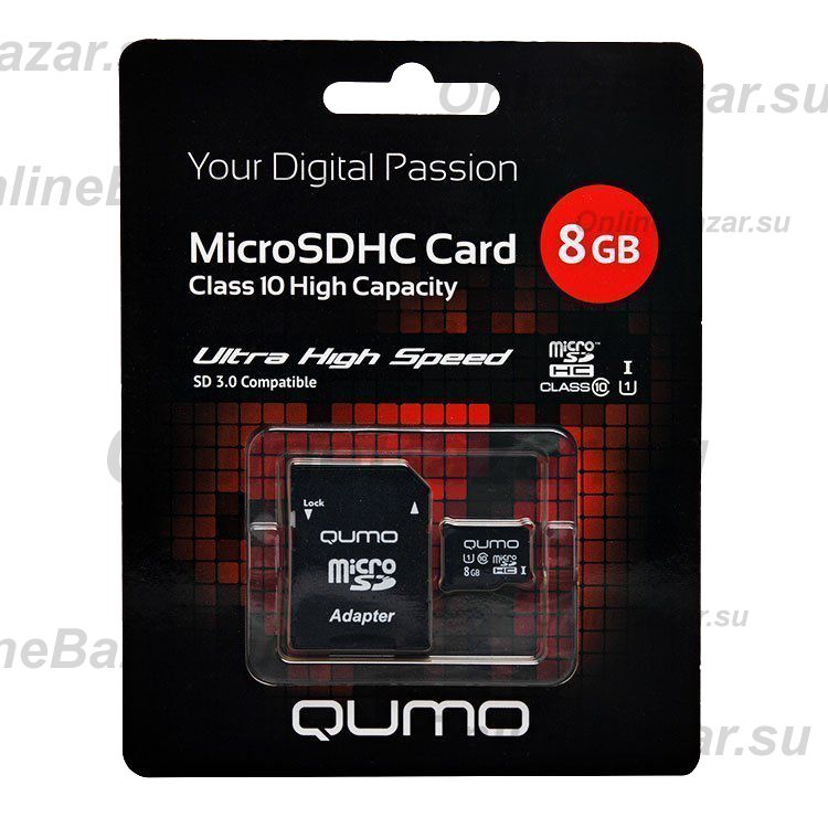 Карта памяти MicroSD 8 Gb CL10 Qumo UHS-1 в блистере с адаптером ― Nsk.OnlineBazar.su