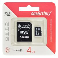 Карта памяти MicroSDHC 4 Gb CL4 Smart Buy в блистере с адаптером ― Nsk.OnlineBazar.su