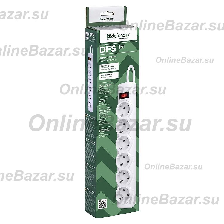 Сетевой фильтр Defender DFS 151 (6 розеток/1,8 м.) <белый> ― Nsk.OnlineBazar.su